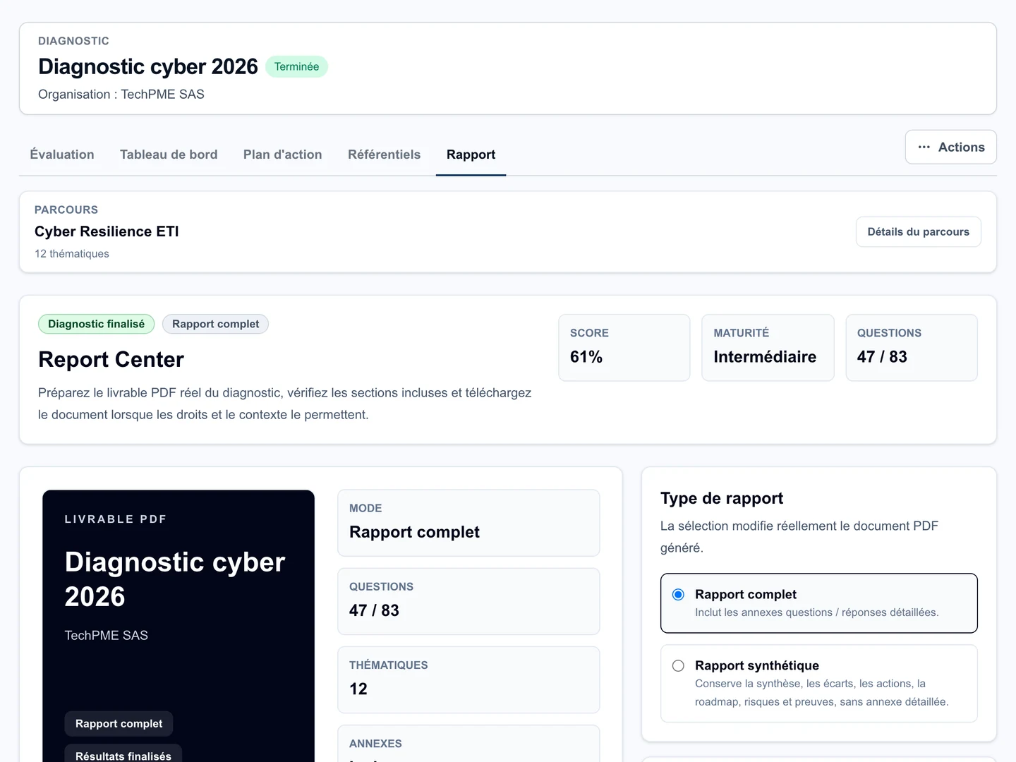 Aperçu d’une restitution de diagnostic CyberBoard